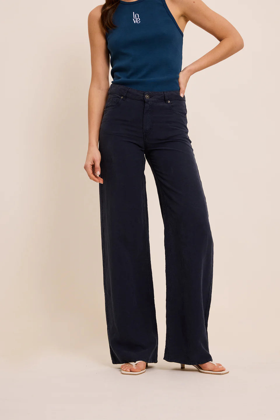 FIVE WIDE LEG NAVY JOAN TROUSER - White Bicycle
