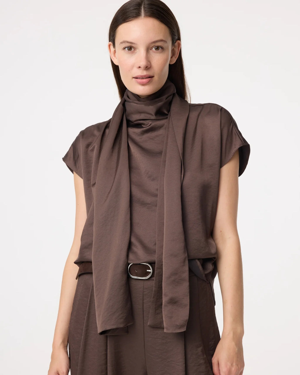 KNIT-TED CHOCOLATE MIRA DRAPE TOP