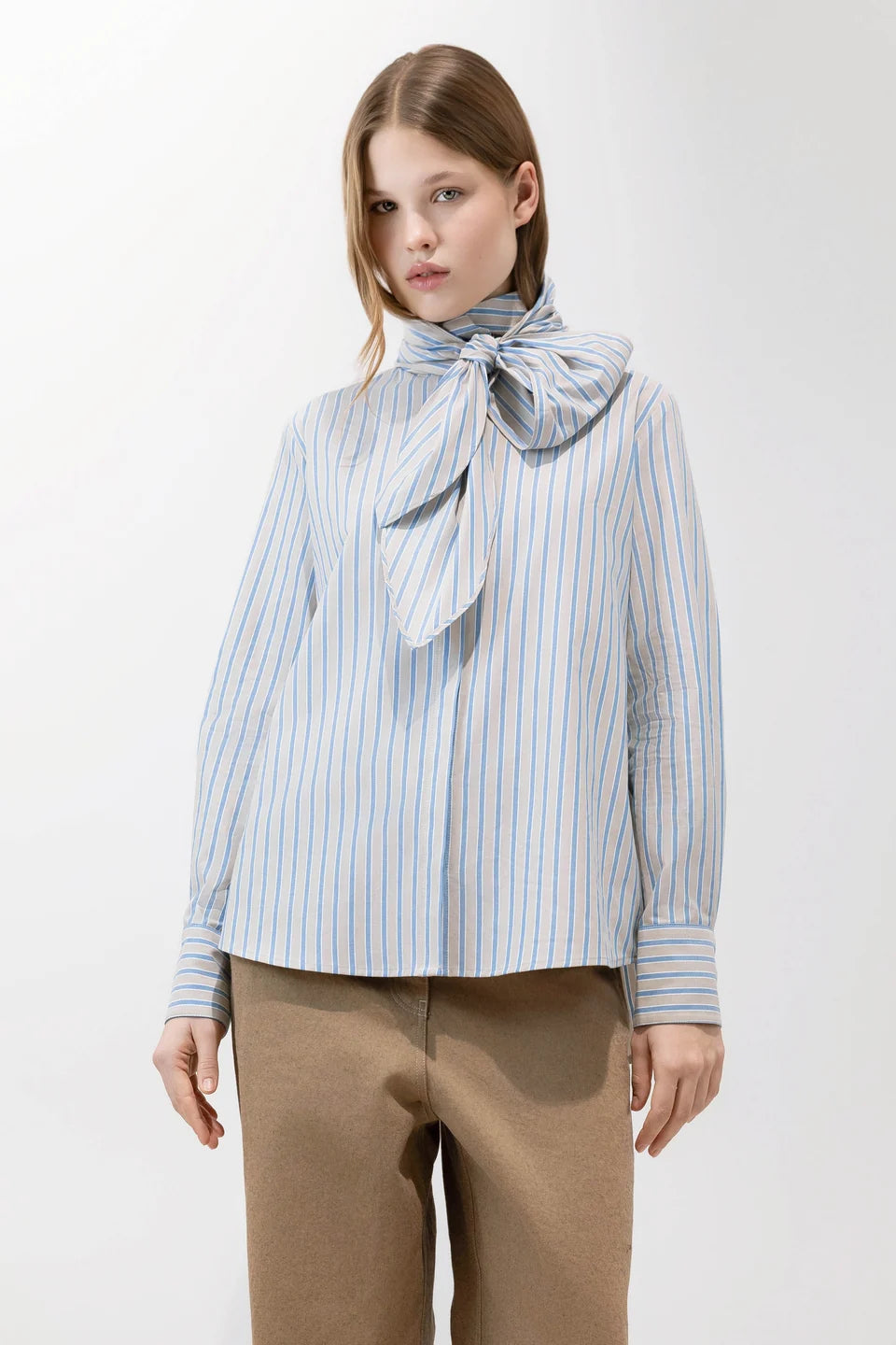 PSOHIA OATMEAL AND BLUE STRIPE SHIRT