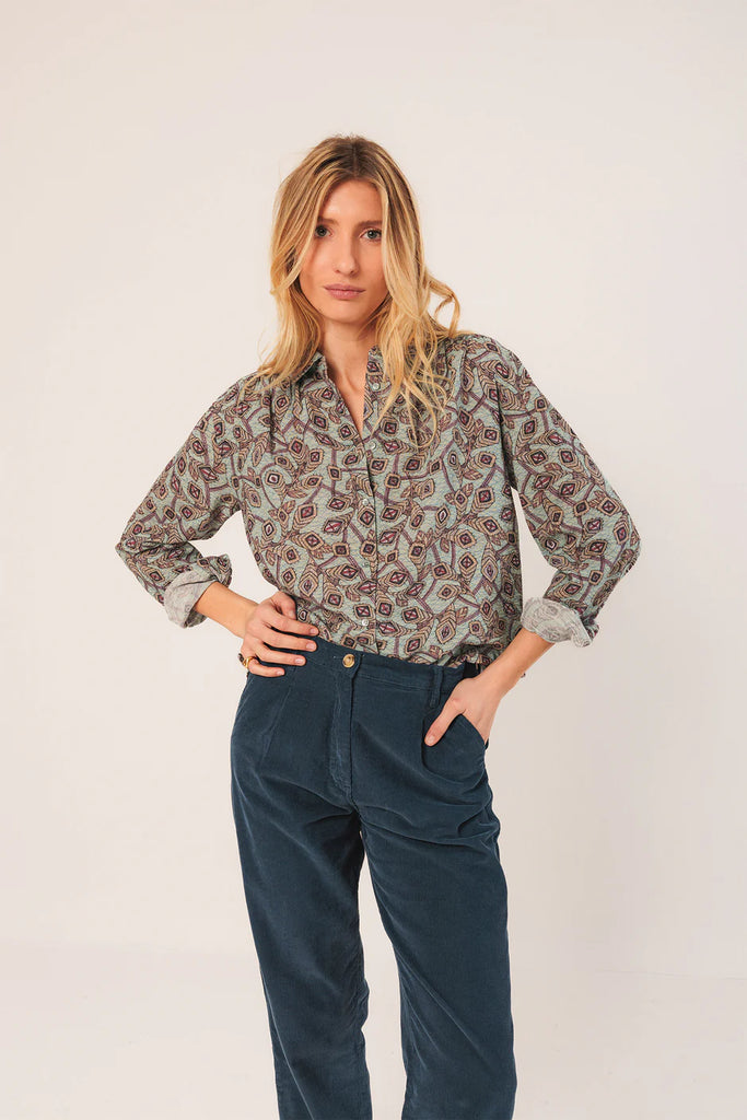 INDI AND COLD PATTERN BLUE SHIRT