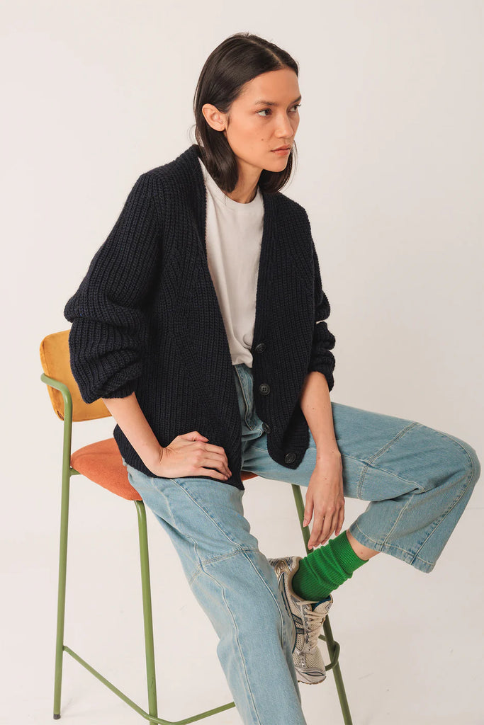 INDI AND COLD RIB KNIT NAVY CARDIGAN