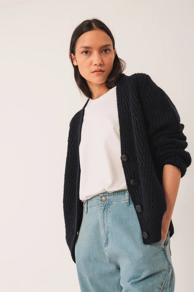 INDI AND COLD RIB KNIT NAVY CARDIGAN