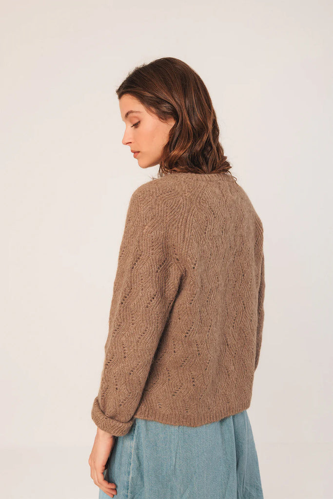 INDI AND COLD TAUPE CROCHET CARDIGAN