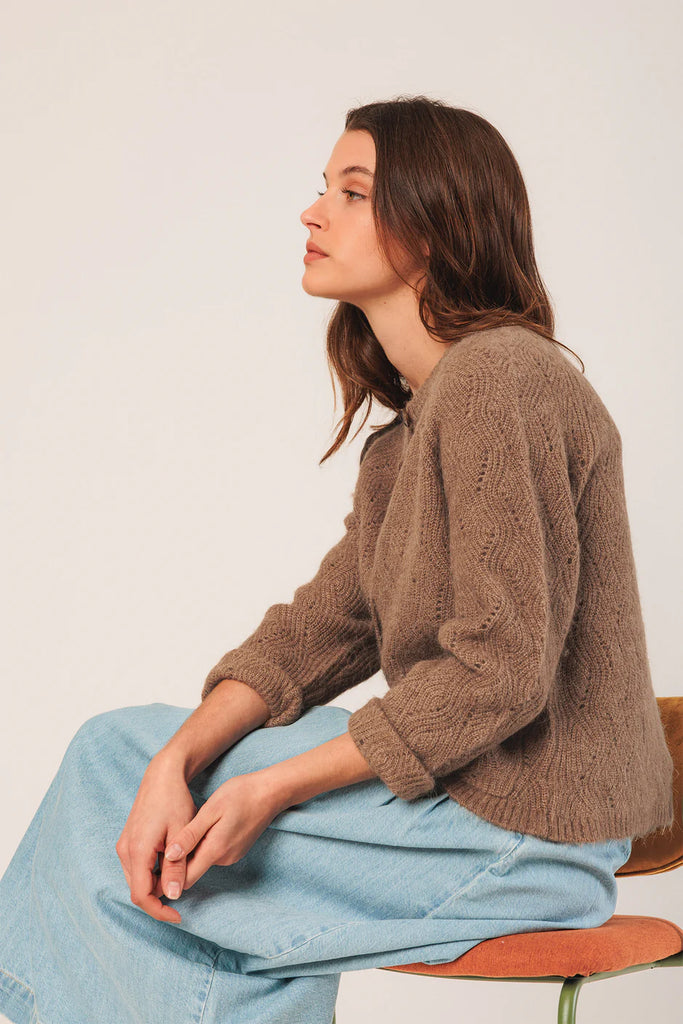 INDI AND COLD TAUPE CROCHET CARDIGAN