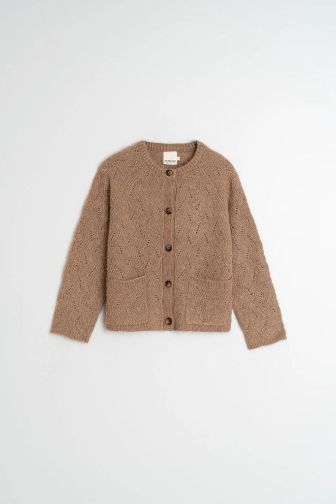 INDI AND COLD TAUPE CROCHET CARDIGAN