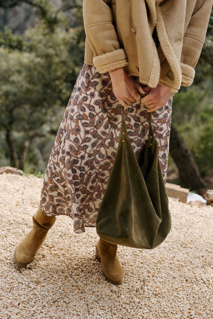 INDI AND COLD KHAKI SUEDE BAG