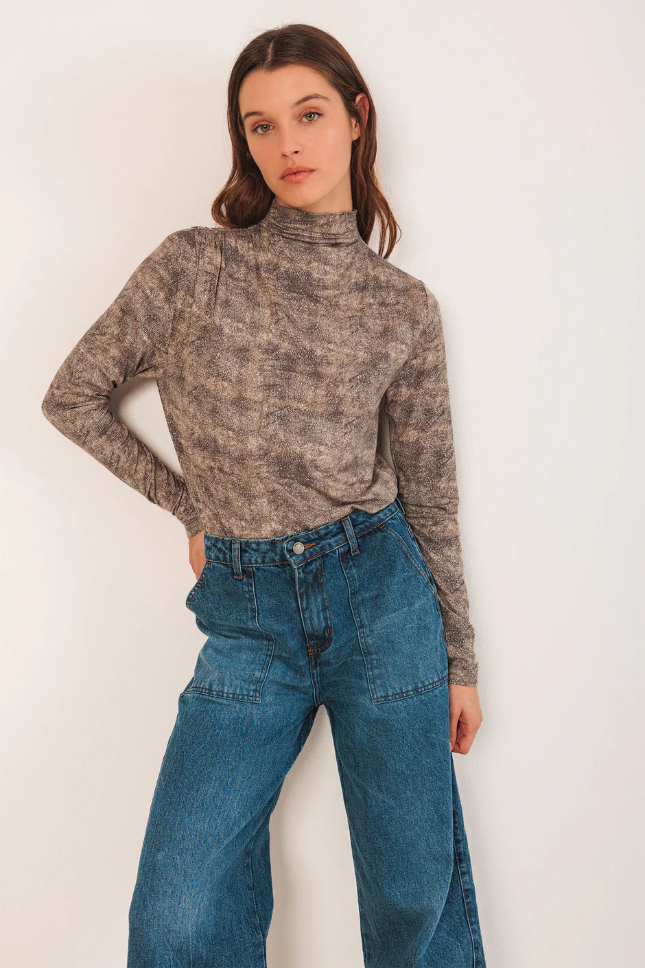 INDI AND COLD FINE NETTING PRINT HIGH NECK TOP - White Bicycle