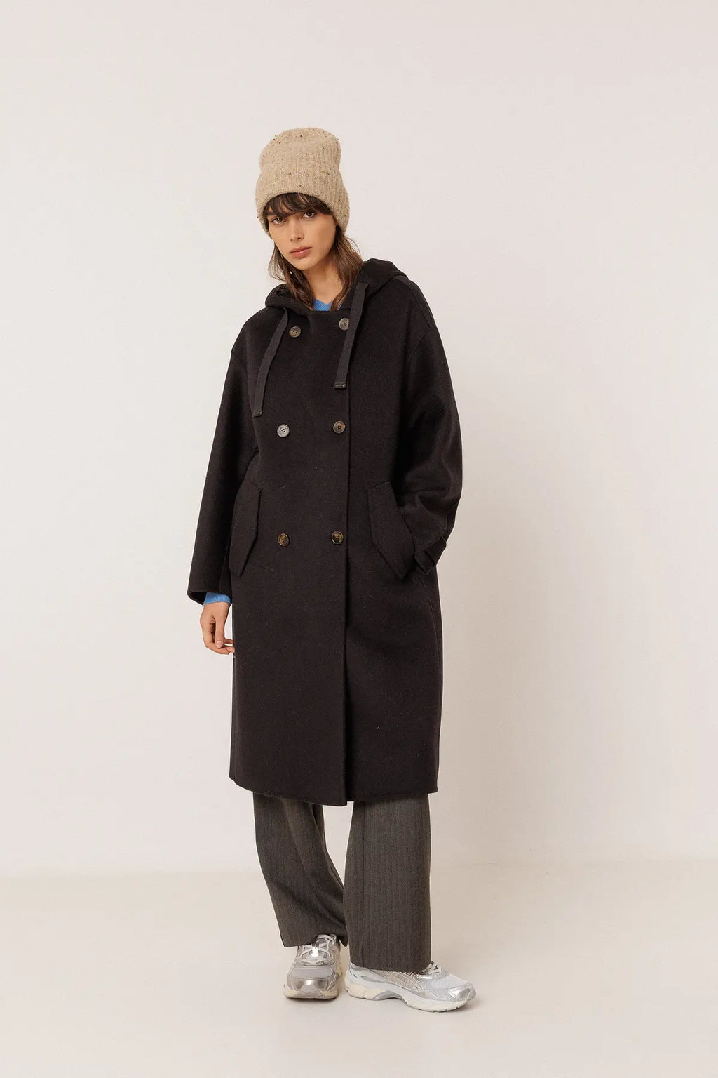 INDI AND COLD BLACK WOOL COAT WITH HOOD