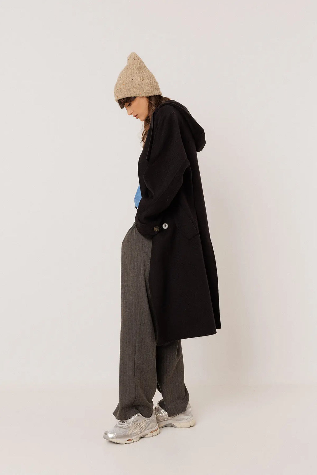 INDI AND COLD BLACK WOOL COAT WITH HOOD