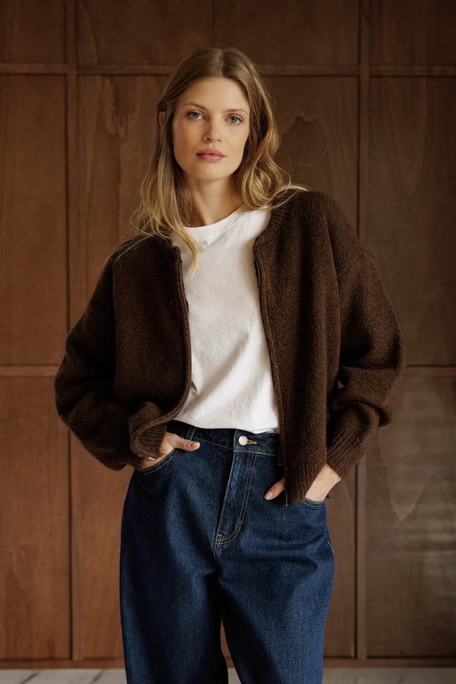 INDI AND COLD CHOCOLATE BOMBER STYLE CARDIGAN