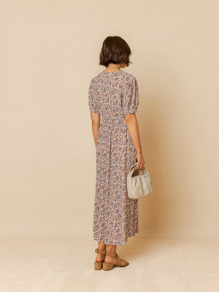 INDI AND COLD PLUM LEAF PRINT DRESS