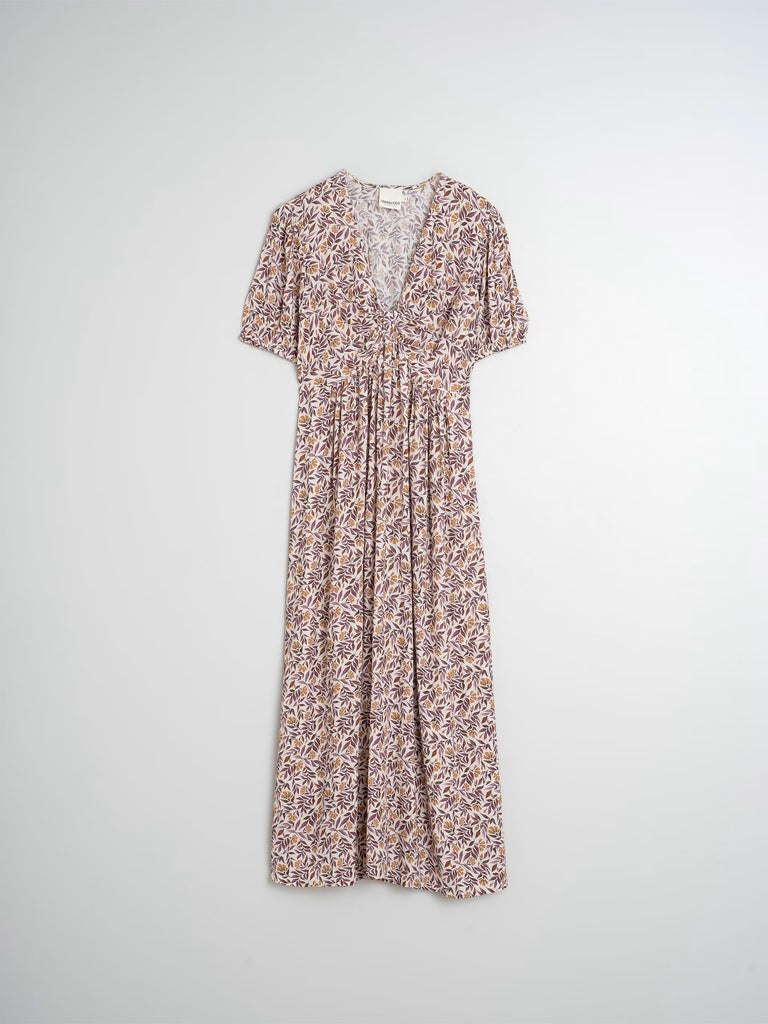 INDI AND COLD PLUM LEAF PRINT DRESS