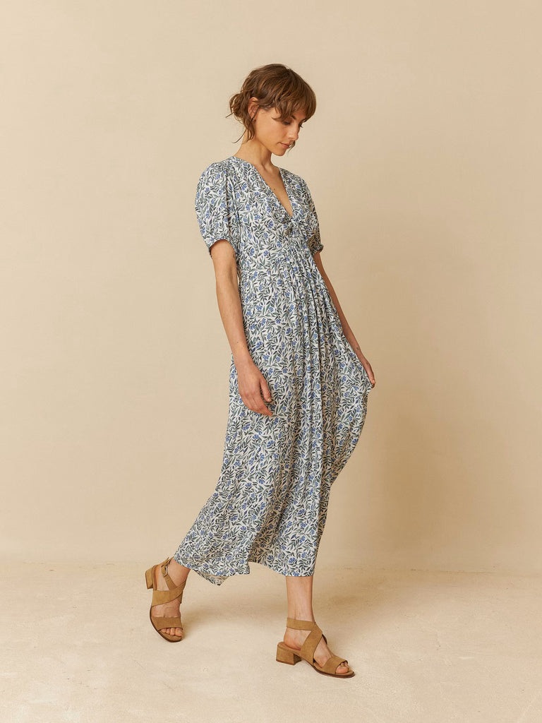 INDI AND COLD BLUE LEAF PRINT DRESS
