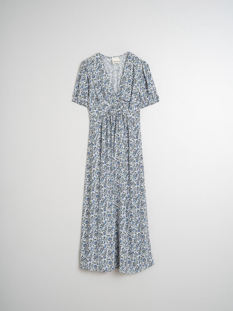 INDI AND COLD BLUE LEAF PRINT DRESS