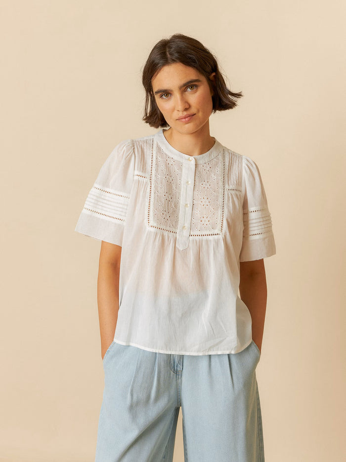 INDI AND COLD CREAM EMBROIDERED VOILE BLOUSE