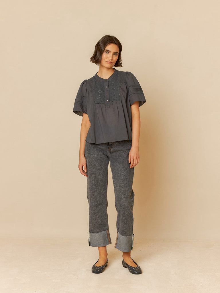 INDI AND COLD GREY EMBROIDERED VOILE BLOUSE
