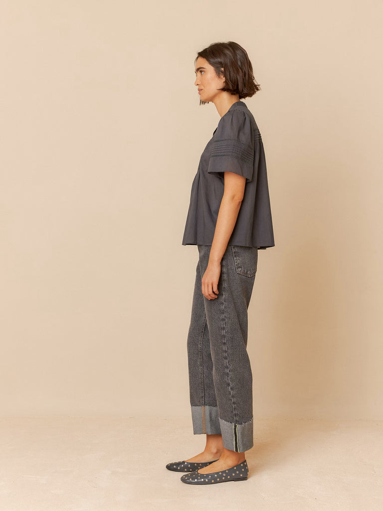 INDI AND COLD GREY EMBROIDERED VOILE BLOUSE