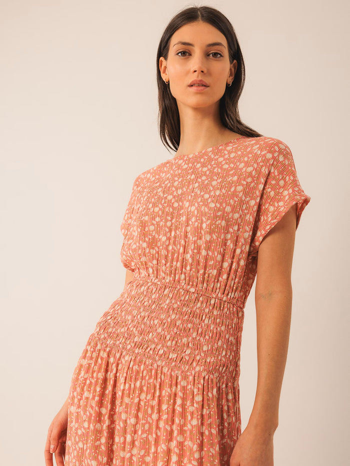 INDI AND COLD PEACH LEAF PRINT ELASTIC WAIST DRESS