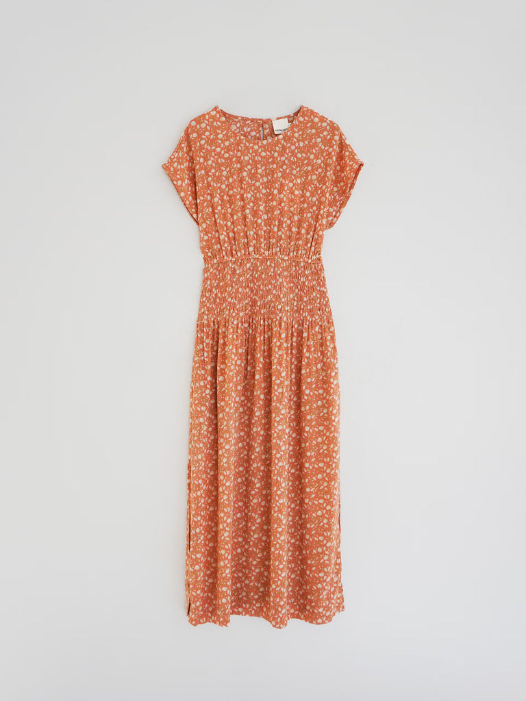 INDI AND COLD PEACH LEAF PRINT ELASTIC WAIST DRESS