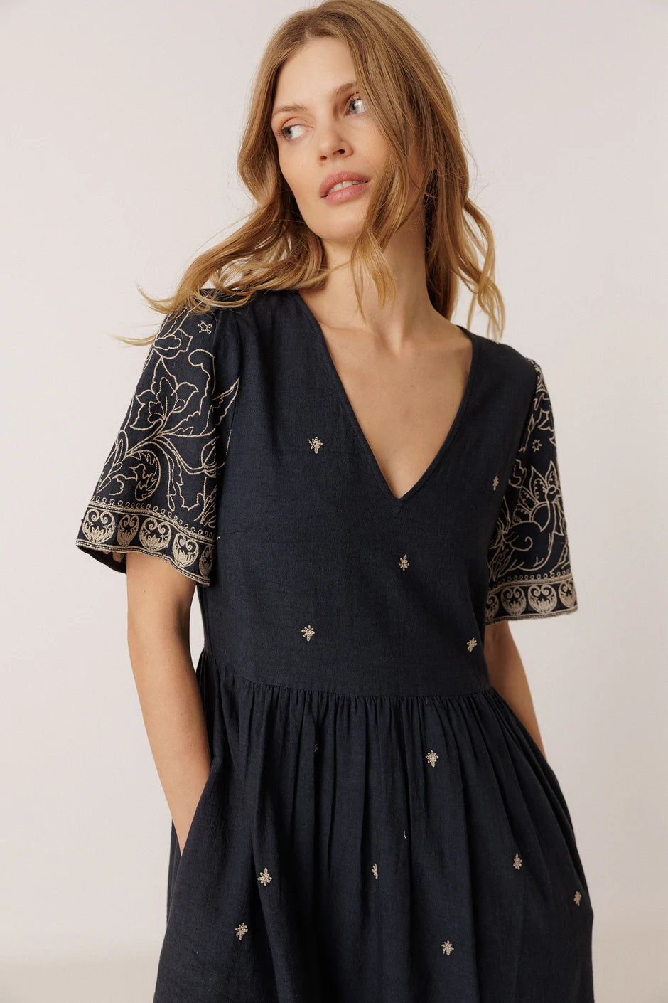 INDI AND COLD NAVY EMBROIDERED DRESS - White Bicycle