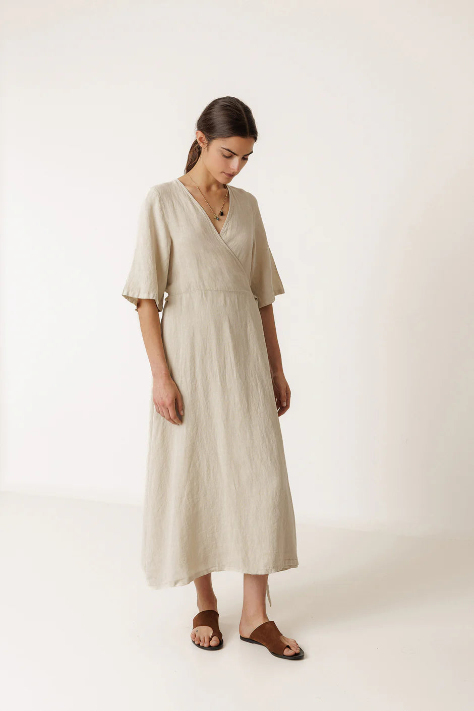 INDI AND COLD CROSSOVER LINEN DRESS - White Bicycle