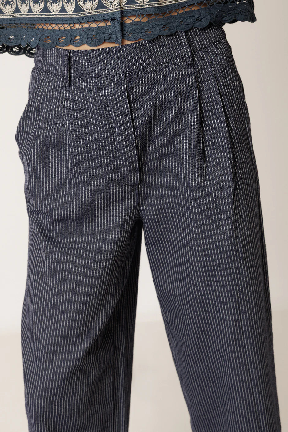 INDI AND COLD NAVY PINSTRIPE TROUSER - White Bicycle